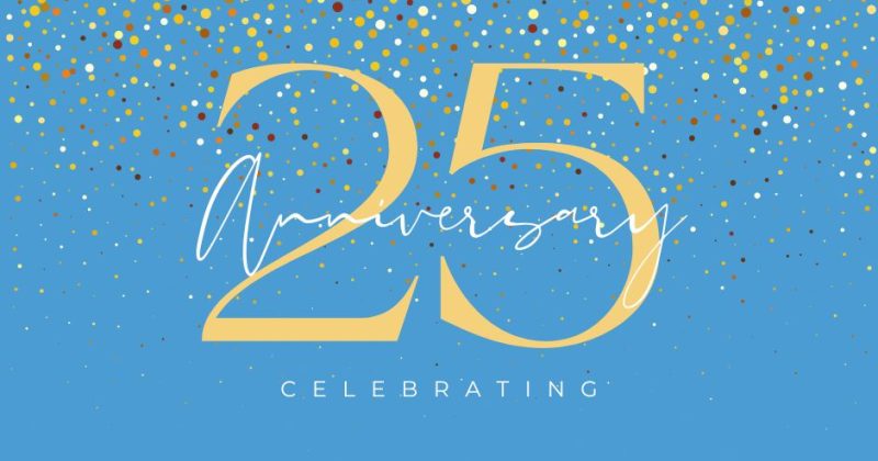 25th Anniversary Celebration on a Carolina blue background with gold glitter at the top